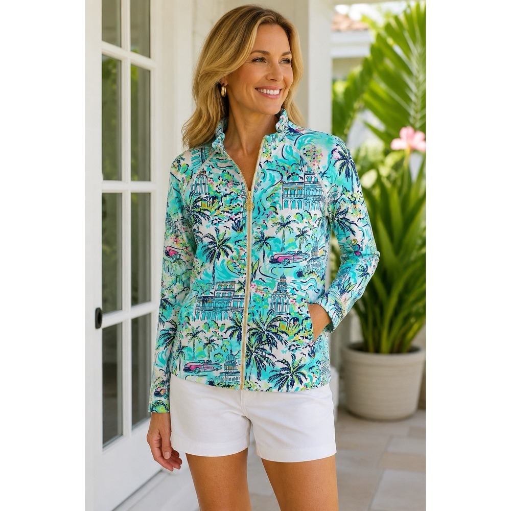 Aryeh Coastal Bloom Rome Ruffle Collar Jacket XL NWT Travel Print Zip Front